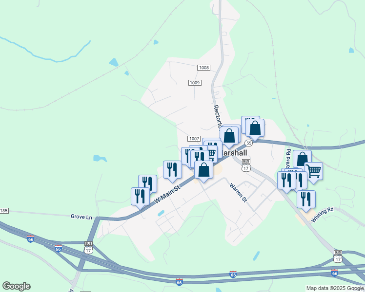 map of restaurants, bars, coffee shops, grocery stores, and more near 4167 Frost Street in Marshall