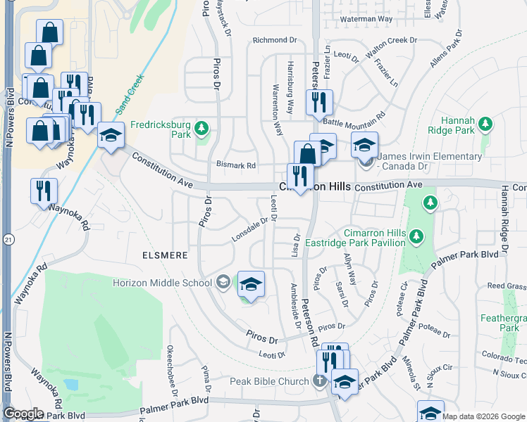 map of restaurants, bars, coffee shops, grocery stores, and more near 6680 Lonsdale Drive in Colorado Springs