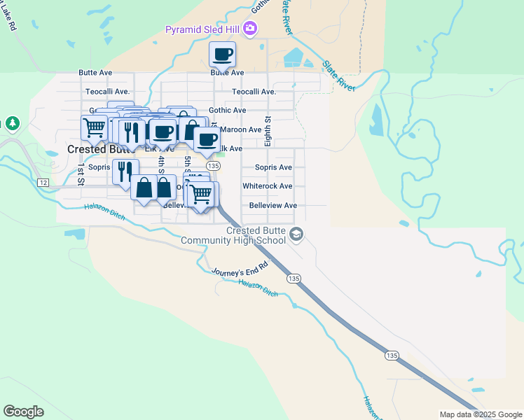 map of restaurants, bars, coffee shops, grocery stores, and more near 725 Red Lady Avenue in Crested Butte
