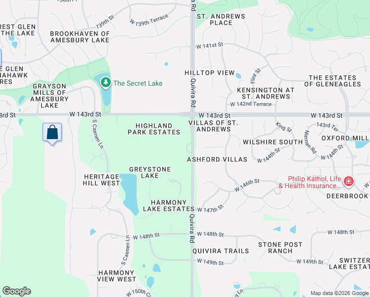 map of restaurants, bars, coffee shops, grocery stores, and more near 14410 South Quivira Road in Olathe