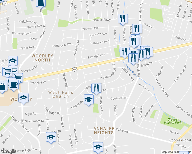 map of restaurants, bars, coffee shops, grocery stores, and more near 6840 Westmoreland Road in Falls Church