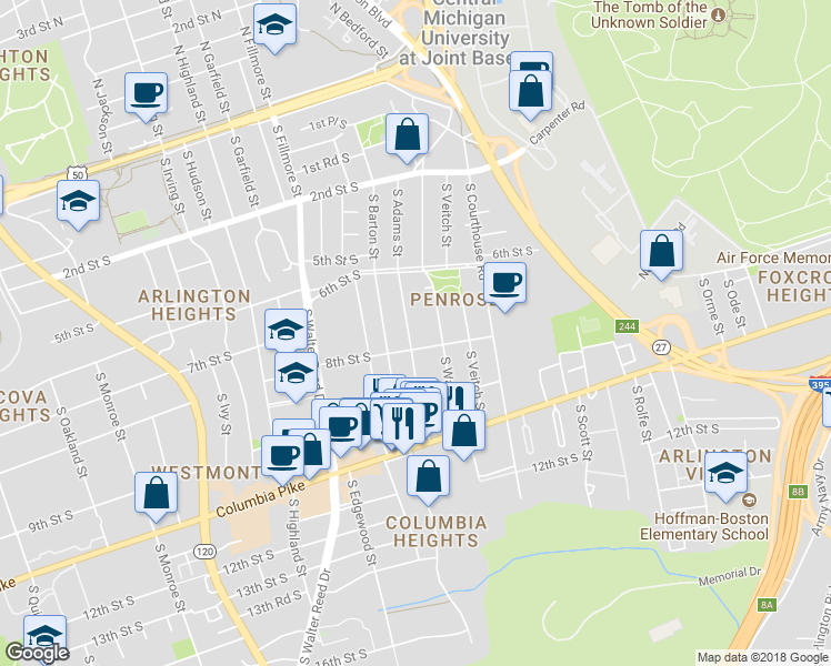 map of restaurants, bars, coffee shops, grocery stores, and more near 715 South Adams Street in Arlington
