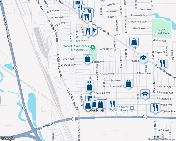 map of restaurants, bars, coffee shops, grocery stores, and more near 21 West Beach Avenue in Wood River