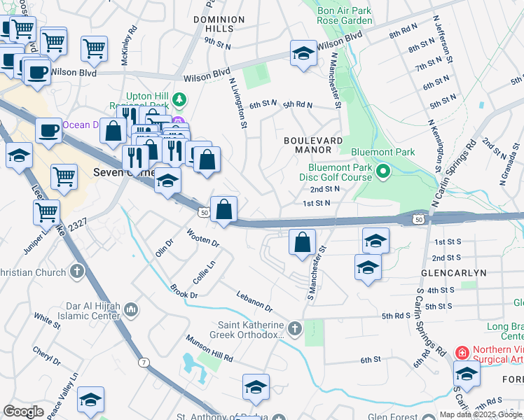map of restaurants, bars, coffee shops, grocery stores, and more near 6012 Kelsey Court in Falls Church