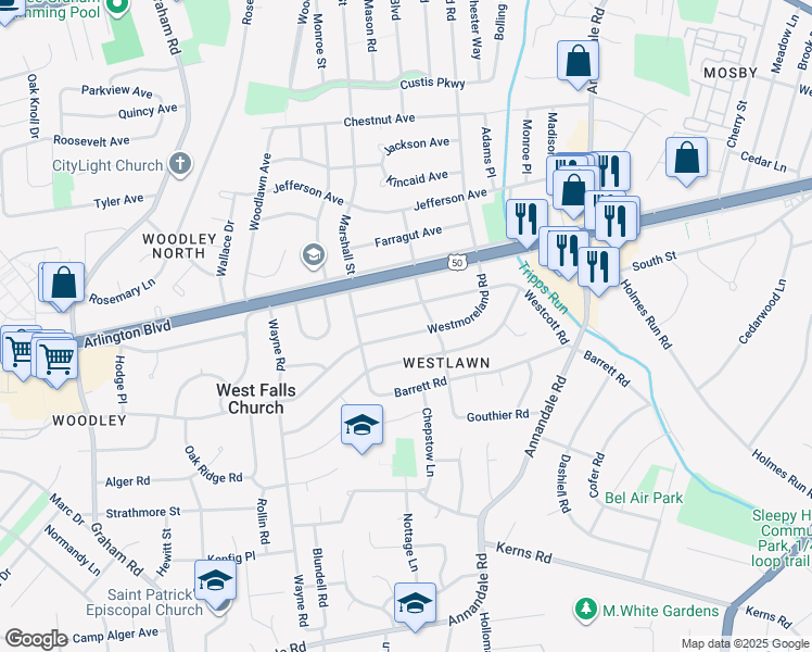 map of restaurants, bars, coffee shops, grocery stores, and more near 6840 Westmoreland Road in Falls Church