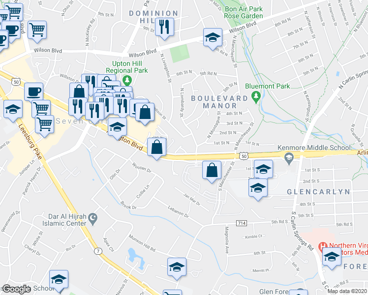 map of restaurants, bars, coffee shops, grocery stores, and more near 6012 Kelsey Court in Falls Church