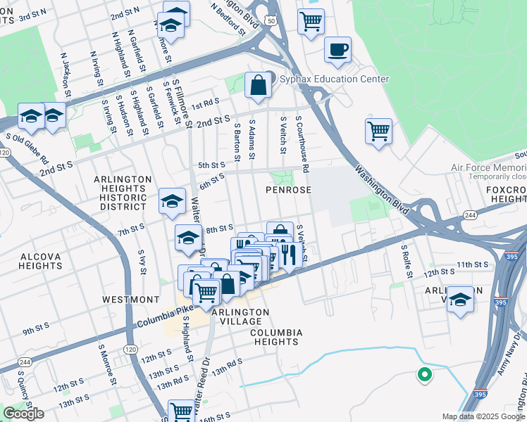 map of restaurants, bars, coffee shops, grocery stores, and more near 715 South Adams Street in Arlington