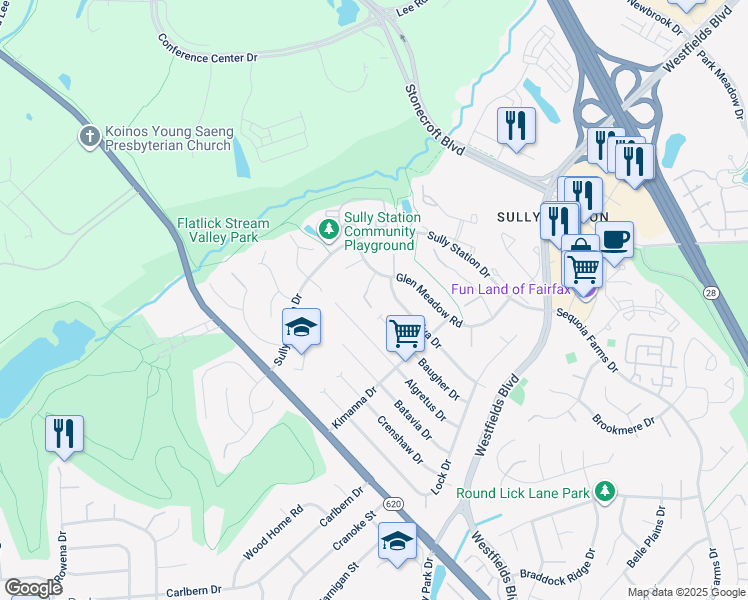 map of restaurants, bars, coffee shops, grocery stores, and more near 14705 Rabbit Run Court in Centreville