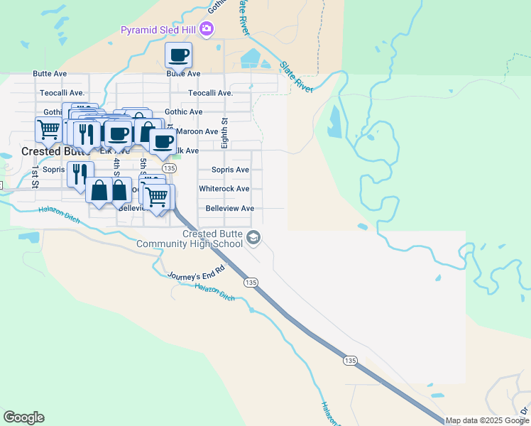 map of restaurants, bars, coffee shops, grocery stores, and more near 914 Belleview Avenue in Crested Butte