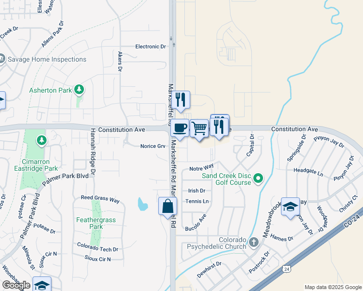 map of restaurants, bars, coffee shops, grocery stores, and more near 2457 Marksheffel Road in Colorado Springs