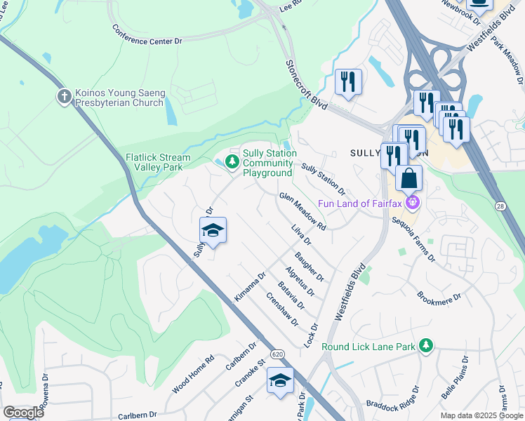 map of restaurants, bars, coffee shops, grocery stores, and more near 14705 Rabbit Run Court in Centreville
