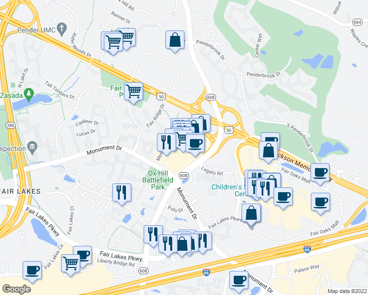 map of restaurants, bars, coffee shops, grocery stores, and more near 12180 Fairfax Towne Center in Fairfax
