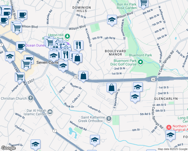 map of restaurants, bars, coffee shops, grocery stores, and more near 6028 Kelsey Court in Falls Church