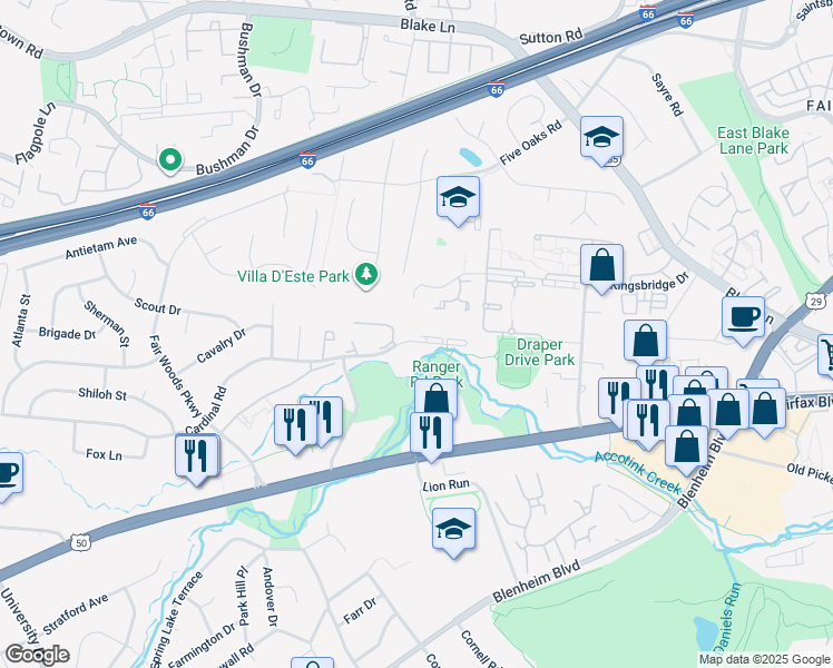 map of restaurants, bars, coffee shops, grocery stores, and more near 9760 Cardinal Road in Fairfax