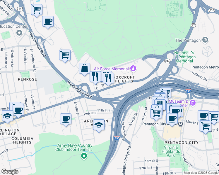 map of restaurants, bars, coffee shops, grocery stores, and more near 1600 South Oak Street in Arlington