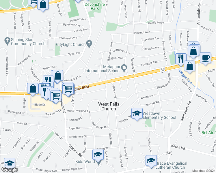 map of restaurants, bars, coffee shops, grocery stores, and more near 3029 Manor Road in Falls Church