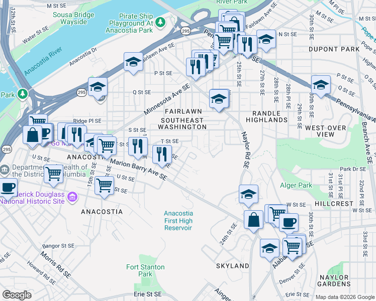map of restaurants, bars, coffee shops, grocery stores, and more near 1986 Retta Gilliam Court Southeast in Washington