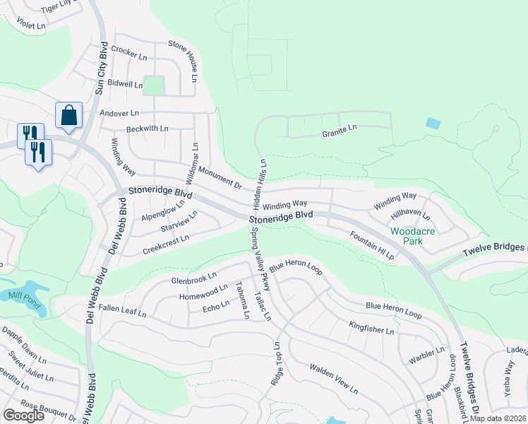 map of restaurants, bars, coffee shops, grocery stores, and more near 2165 Winding Way in Lincoln