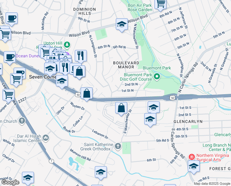 map of restaurants, bars, coffee shops, grocery stores, and more near 5952 1st Street North in Arlington