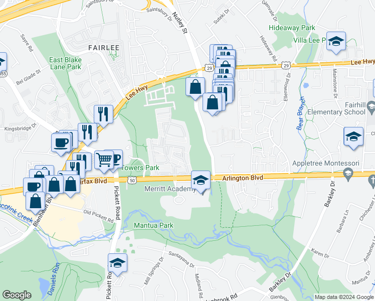 map of restaurants, bars, coffee shops, grocery stores, and more near 3153 Lindenwood Lane in Fairfax