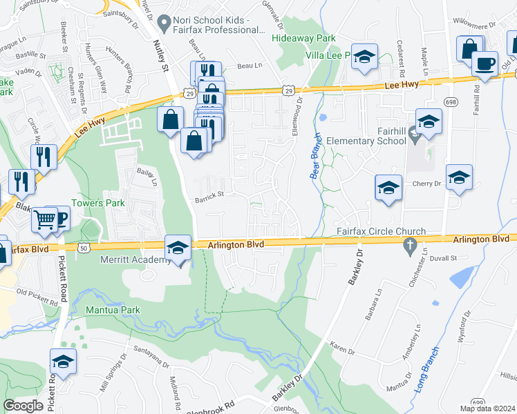 map of restaurants, bars, coffee shops, grocery stores, and more near 3102 Babashaw Court in Fairfax