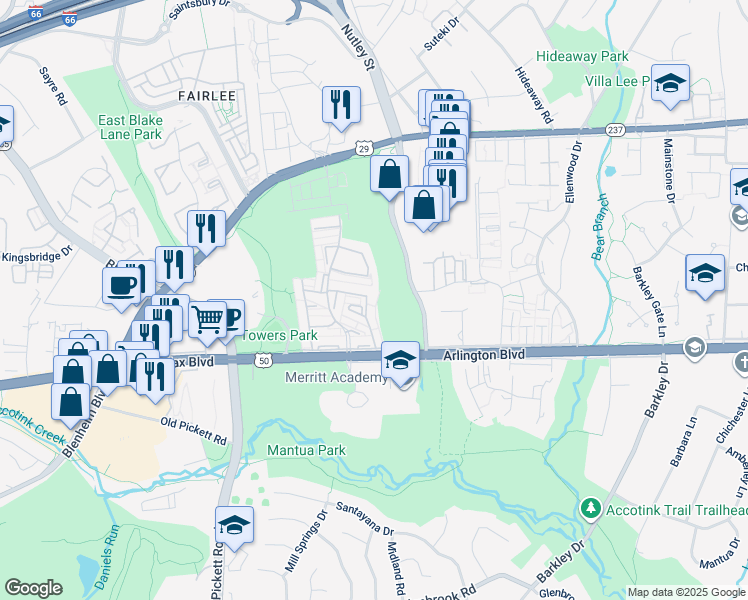 map of restaurants, bars, coffee shops, grocery stores, and more near 3153 Lindenwood Lane in Fairfax