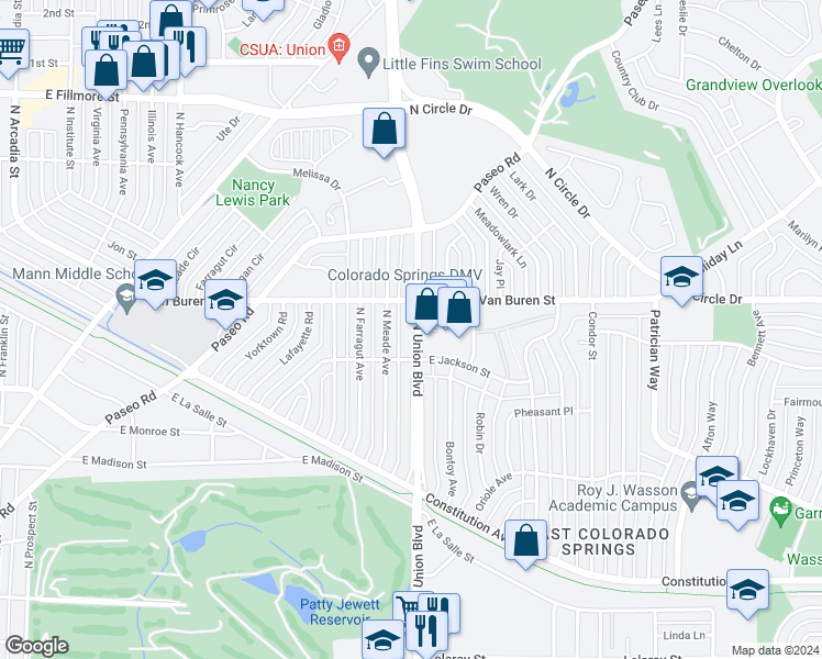 map of restaurants, bars, coffee shops, grocery stores, and more near 2404 North Union Boulevard in Colorado Springs