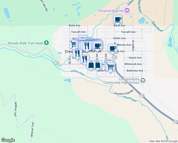 map of restaurants, bars, coffee shops, grocery stores, and more near 300 Belleview Avenue in Crested Butte