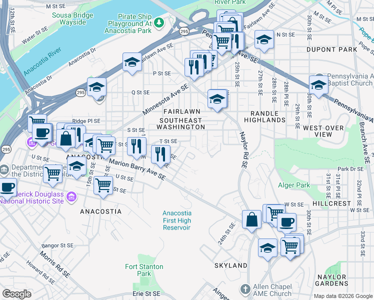 map of restaurants, bars, coffee shops, grocery stores, and more near 1986 Retta Gilliam Court Southeast in Washington