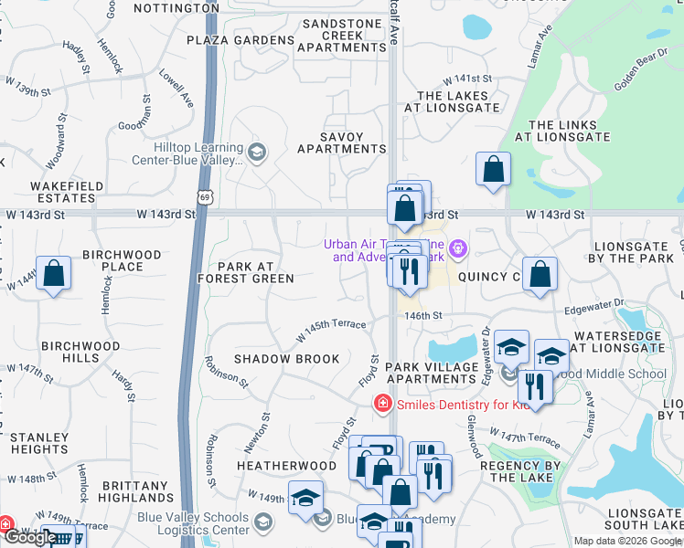 map of restaurants, bars, coffee shops, grocery stores, and more near 7215 West 144th Terrace in Overland Park