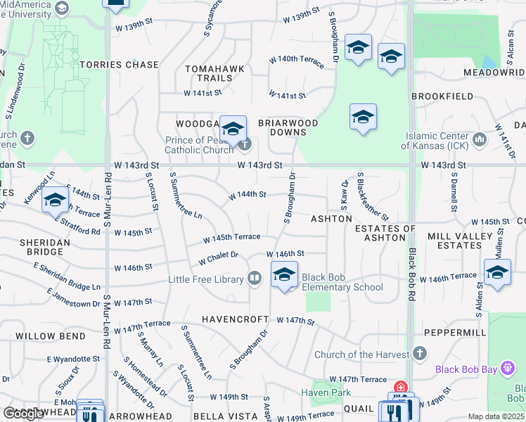 map of restaurants, bars, coffee shops, grocery stores, and more near 14500 South Ashton Street in Olathe