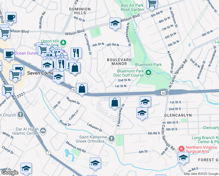 map of restaurants, bars, coffee shops, grocery stores, and more near 5952 1st Street North in Arlington