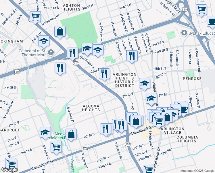 map of restaurants, bars, coffee shops, grocery stores, and more near 3376 5th Street South in Arlington