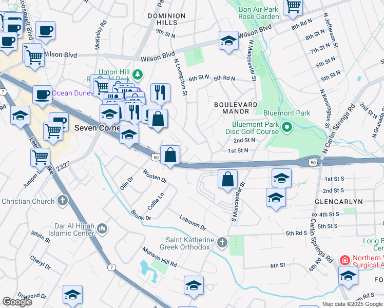 map of restaurants, bars, coffee shops, grocery stores, and more near 6028 Kelsey Court in Falls Church