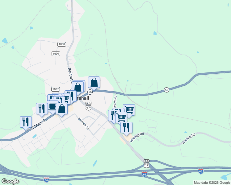 map of restaurants, bars, coffee shops, grocery stores, and more near 4120 Old Stockyard Road in Marshall
