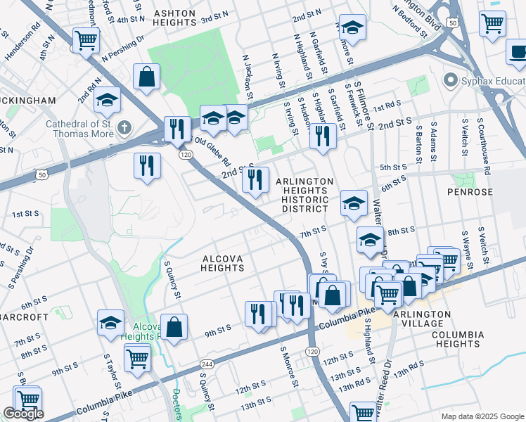 map of restaurants, bars, coffee shops, grocery stores, and more near 3376 5th Street South in Arlington