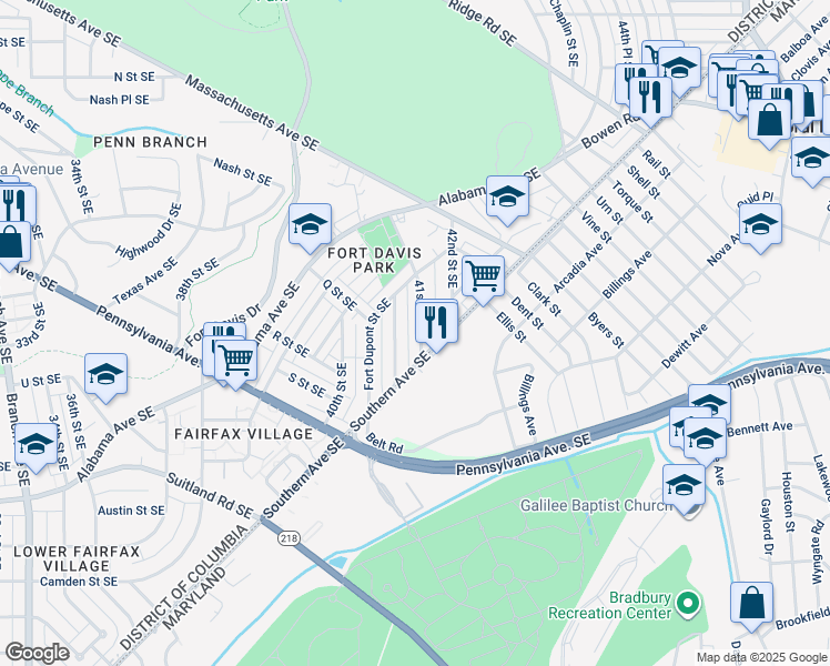 map of restaurants, bars, coffee shops, grocery stores, and more near 1551 41st Street Southeast in Washington