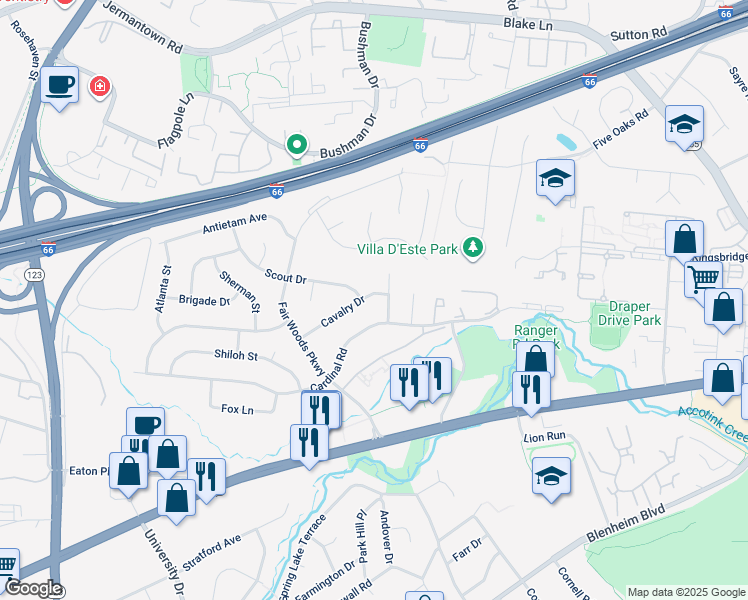 map of restaurants, bars, coffee shops, grocery stores, and more near 10019 Cavalry Drive in Fairfax