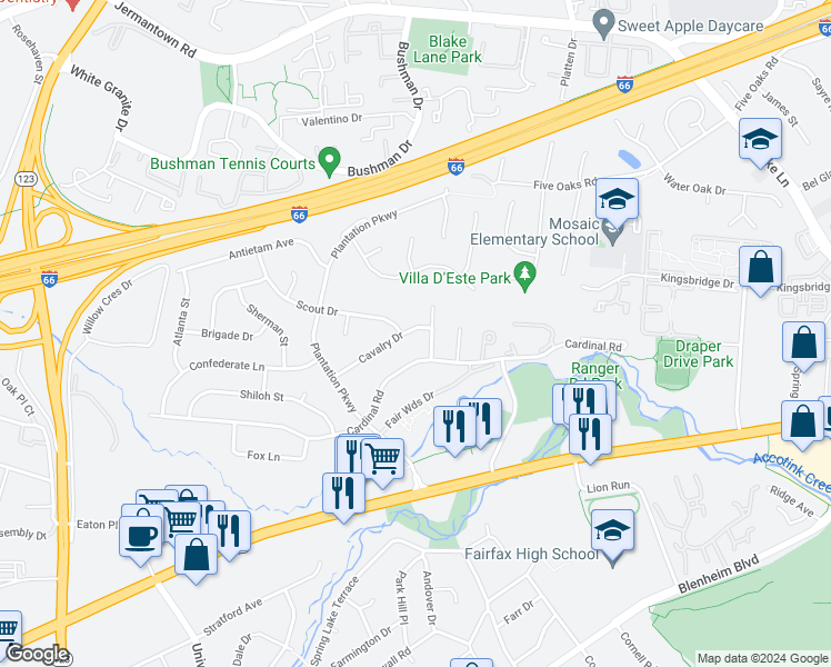 map of restaurants, bars, coffee shops, grocery stores, and more near 10019 Cavalry Drive in Fairfax