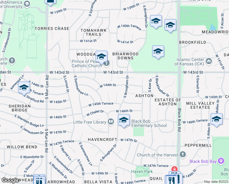 map of restaurants, bars, coffee shops, grocery stores, and more near 14500 South Ashton Street in Olathe