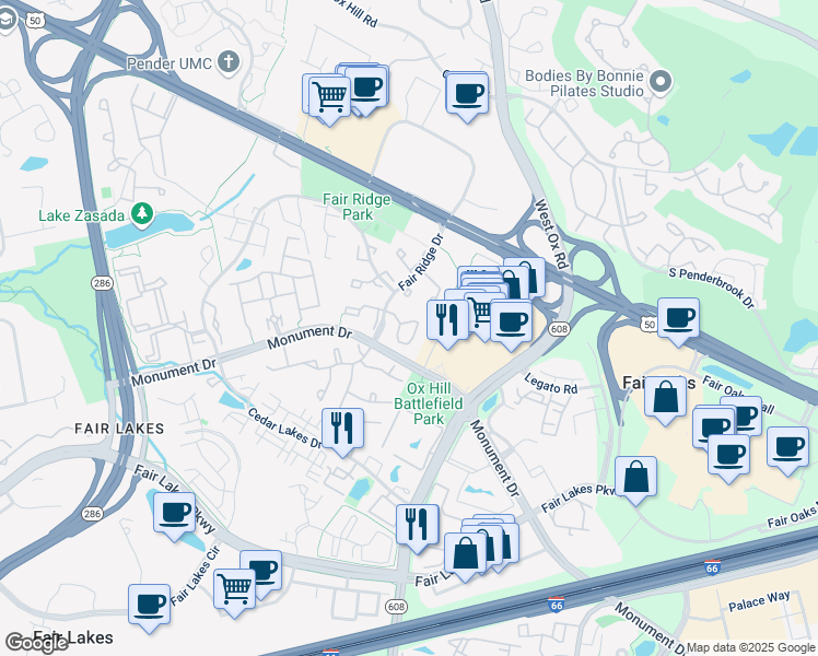 map of restaurants, bars, coffee shops, grocery stores, and more near 12257 Fort Buffalo Circle in Fairfax