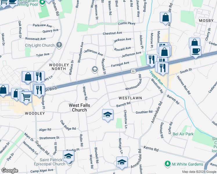 map of restaurants, bars, coffee shops, grocery stores, and more near 6909 Westcott Road in Falls Church