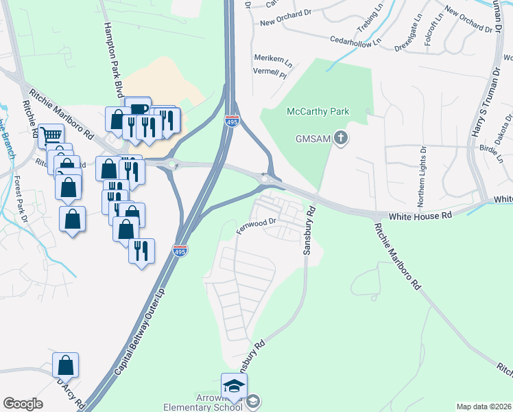 map of restaurants, bars, coffee shops, grocery stores, and more near 9519 Weshurst Lane in Upper Marlboro