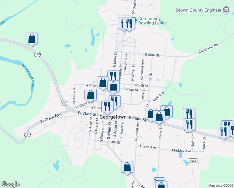 map of restaurants, bars, coffee shops, grocery stores, and more near 105 North Apple Street in Georgetown