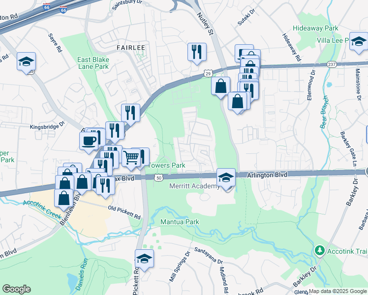 map of restaurants, bars, coffee shops, grocery stores, and more near 9311 Marycrest Street in Fairfax