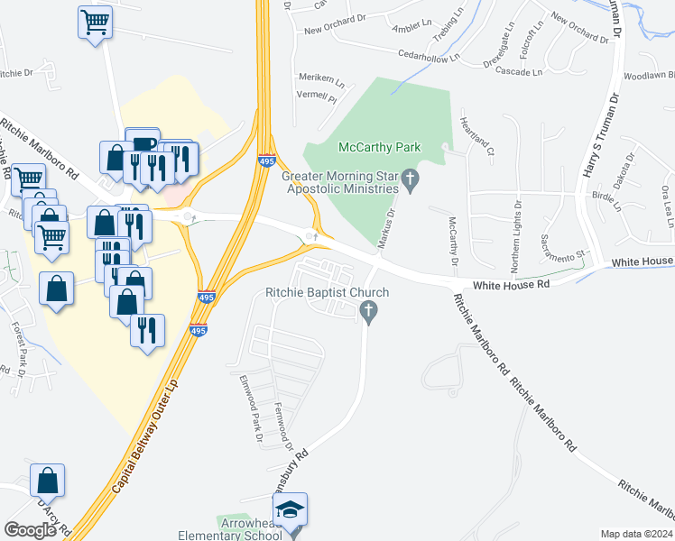 map of restaurants, bars, coffee shops, grocery stores, and more near 9606 Wesbourne Drive in Upper Marlboro