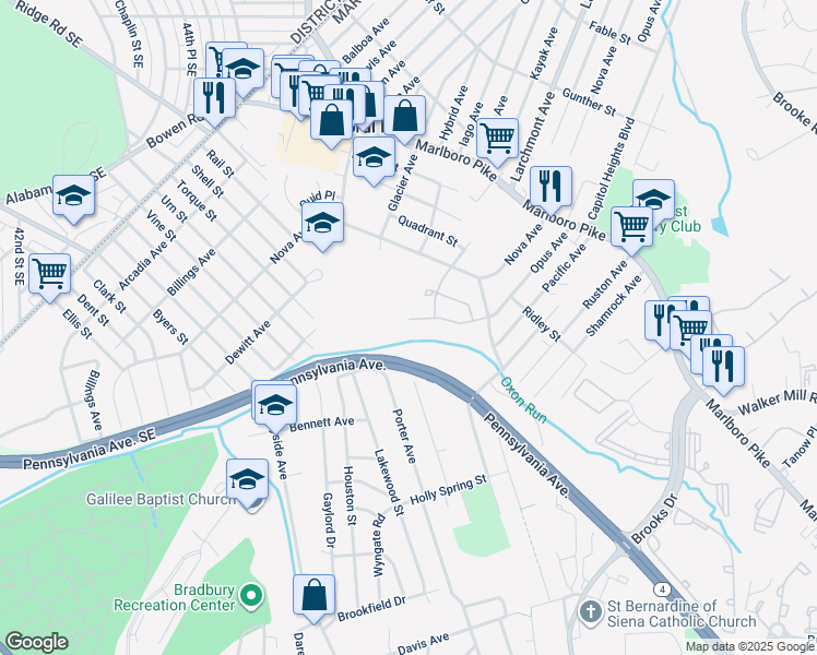 map of restaurants, bars, coffee shops, grocery stores, and more near 4601 Pistachio Lane in Capitol Heights