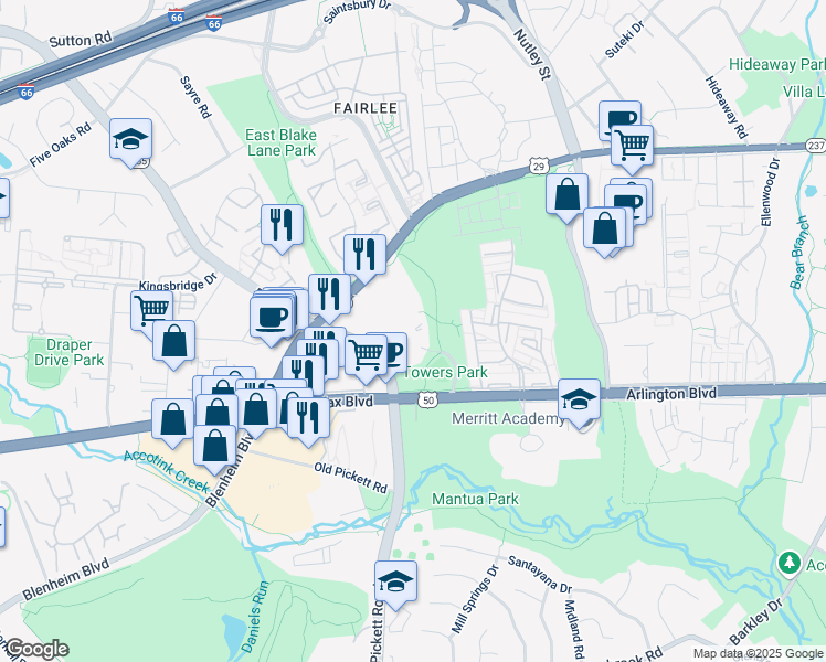 map of restaurants, bars, coffee shops, grocery stores, and more near 9451 Lee Highway in Fairfax