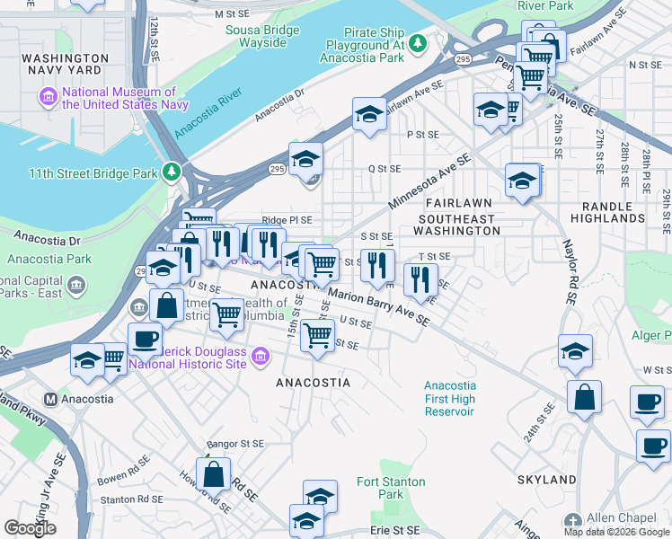 map of restaurants, bars, coffee shops, grocery stores, and more near 101 Independence Avenue Southeast in Washington