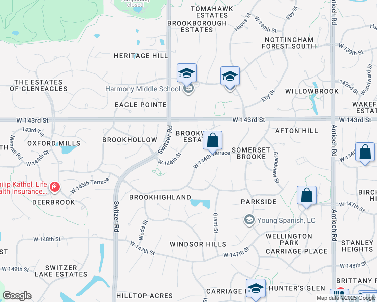 map of restaurants, bars, coffee shops, grocery stores, and more near 10001 West 144th Street in Overland Park